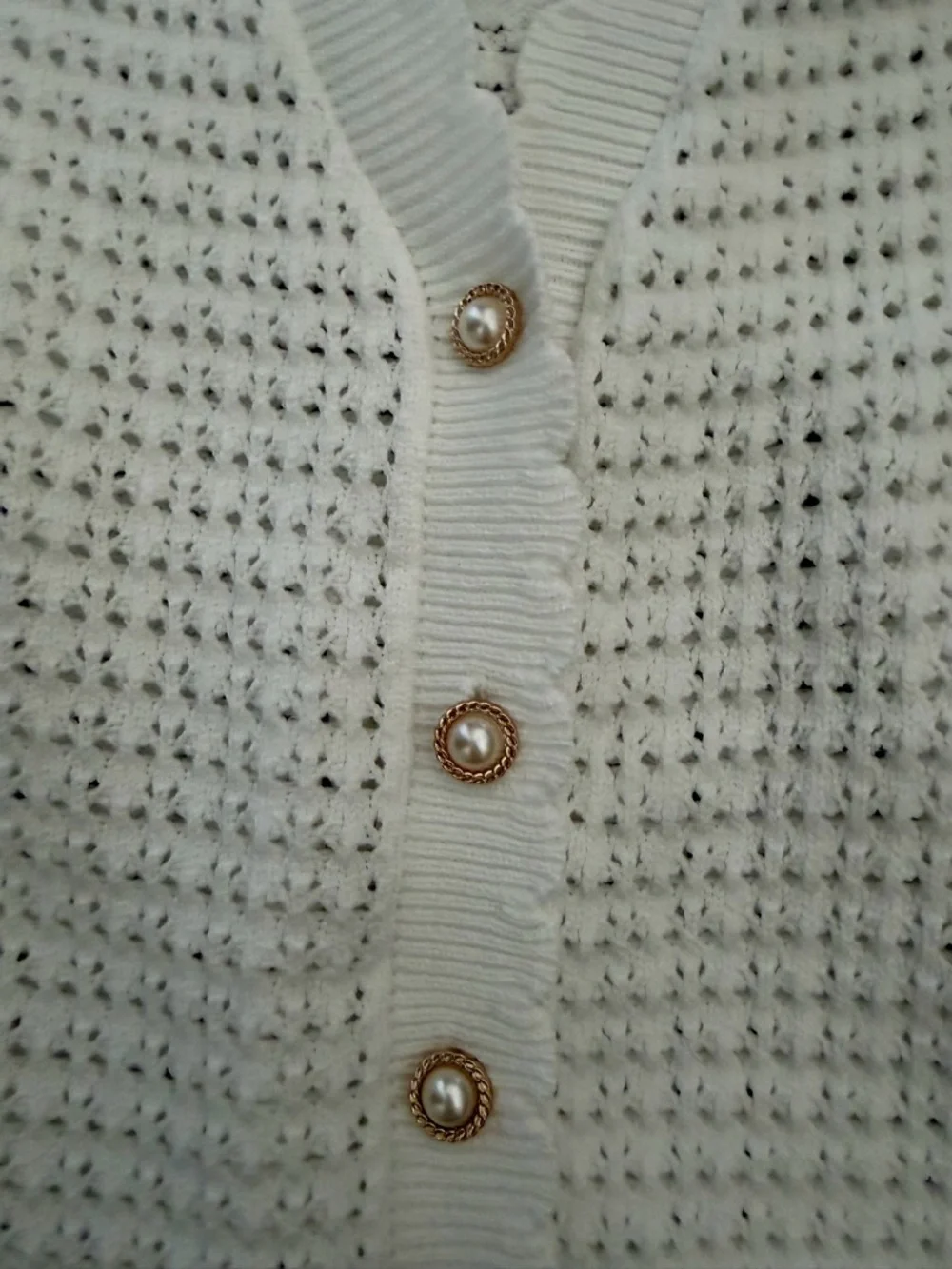 White Waffle-Knit V-Neck Cardigan with Pearl Buttons - Picture 4 of 4
